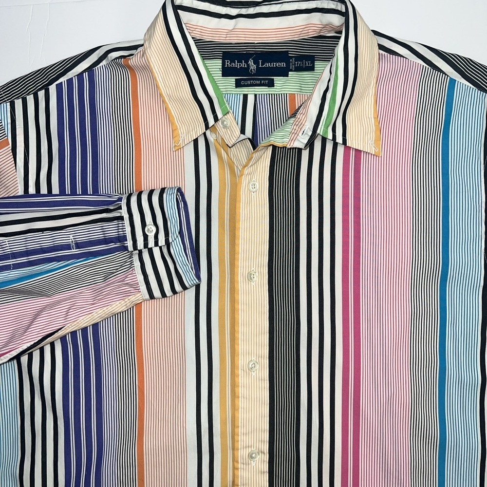 Ralph Lauren Custom Fit Shirt Mens Size XL 17.5Vertical Stripe Pink White Yellow